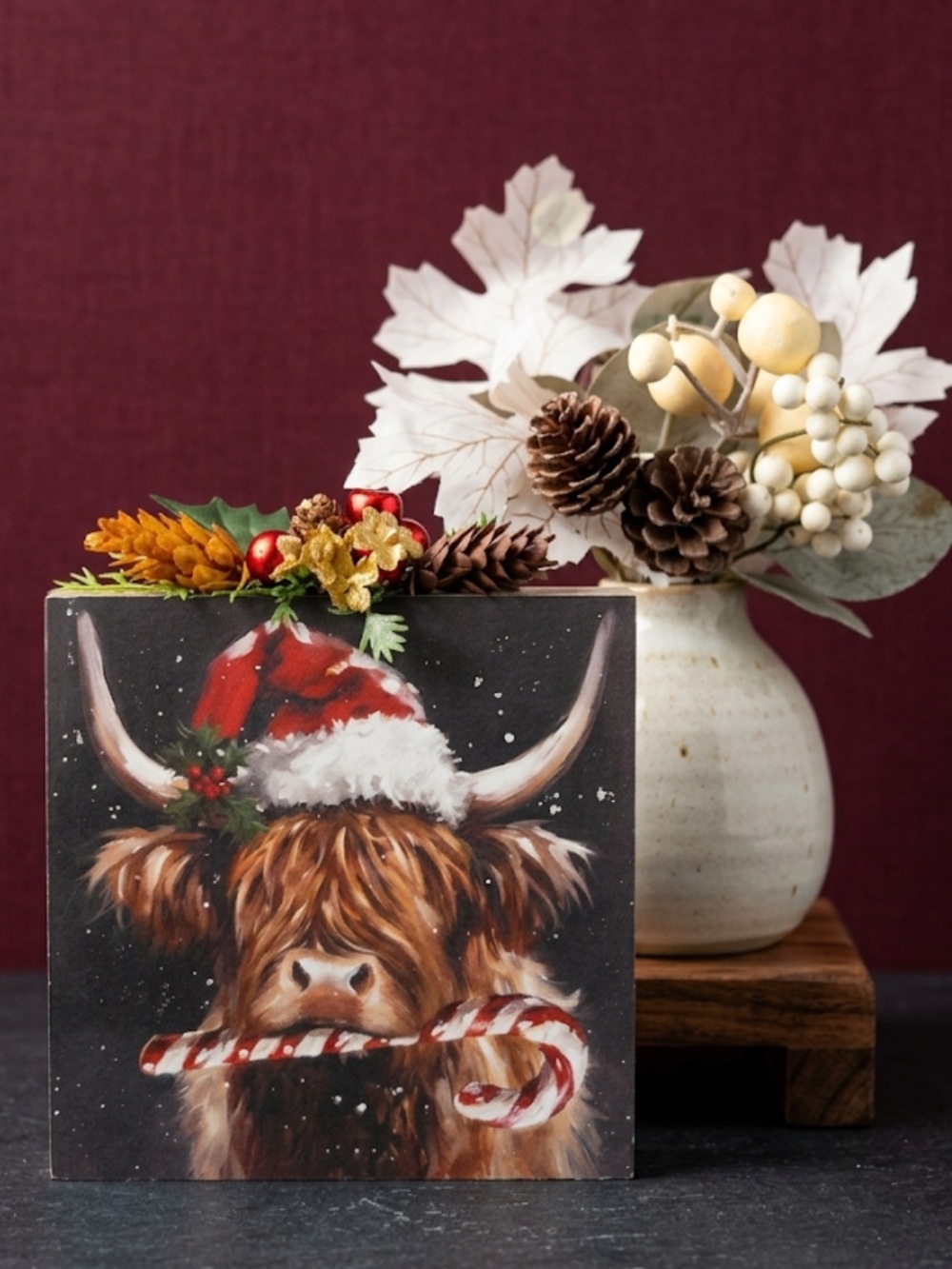 Holiday Highland Cow Decorative Canvas Plaque - Brown